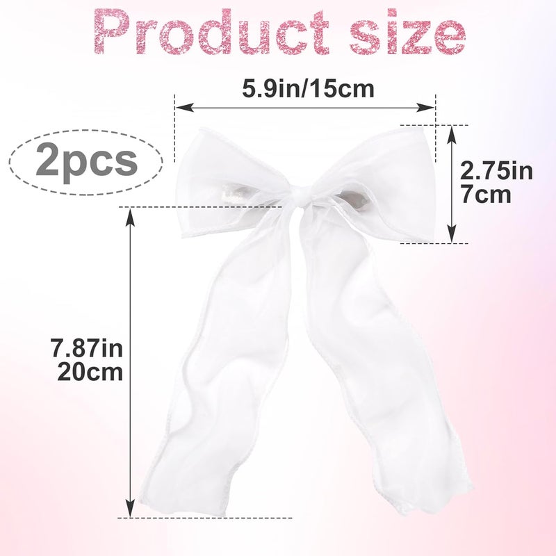STSTR 2Pcs Large Hair Bow Clips, White Silk Yarn Ribbon Bow Hair Barrette for Women, Elegant Long Tail Bowknot French Hair Accessories for Wedding, Parties, Festivals - Style 4 - Image 2